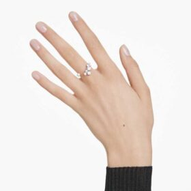 Anillo abierto Constella con perlas de cristal, cortes redondos, blanco, chapado en rodio