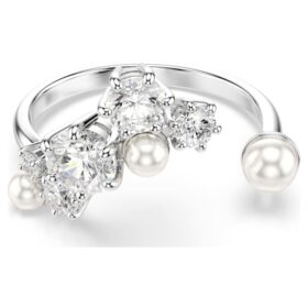 Anillo abierto Constella con perlas de cristal, cortes redondos, blanco, chapado en rodio