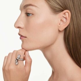 Anillo abierto «Feather» de la colección Vienna, blanco, chapado en rutenio