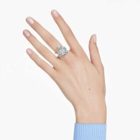 Anillo abierto Idyllia con cortes mixtos, flor, azul, chapado en tono dorado
