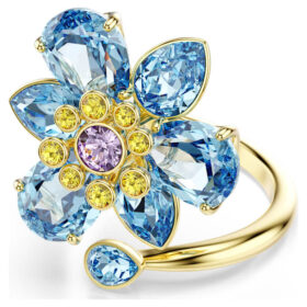 Anillo abierto Idyllia con cortes mixtos, flor, azul, chapado en tono dorado