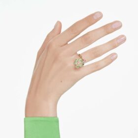 Anillo abierto Idyllia con cortes mixtos, flor, verde, chapado en tono dorado