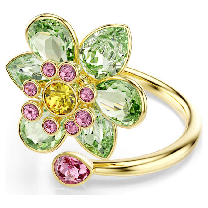 Anillo abierto Idyllia con cortes mixtos, flor, verde, chapado en tono dorado Anillo abierto Idyllia con cortes mixtos, flor, verde, chapado en tono dorado