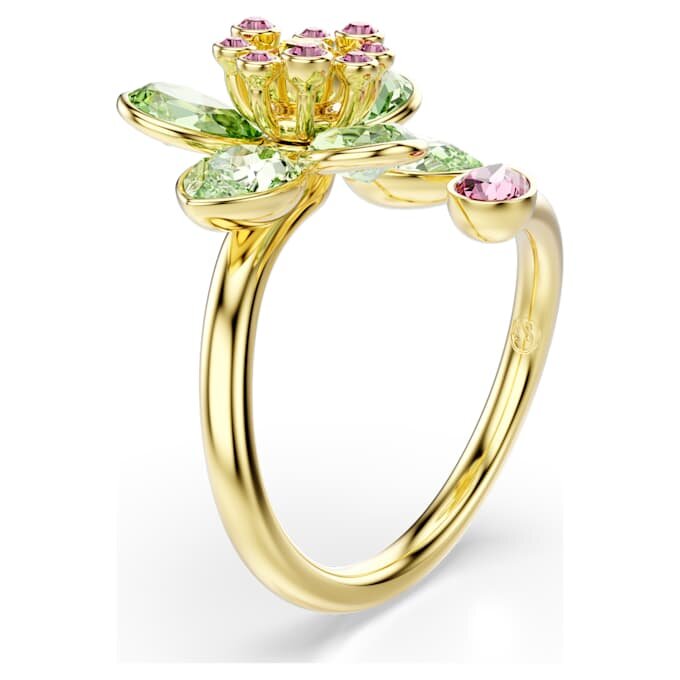 Anillo abierto Idyllia con cortes mixtos, flor, verde, chapado en tono dorado Anillo abierto Idyllia con cortes mixtos, flor, verde, chapado en tono dorado
