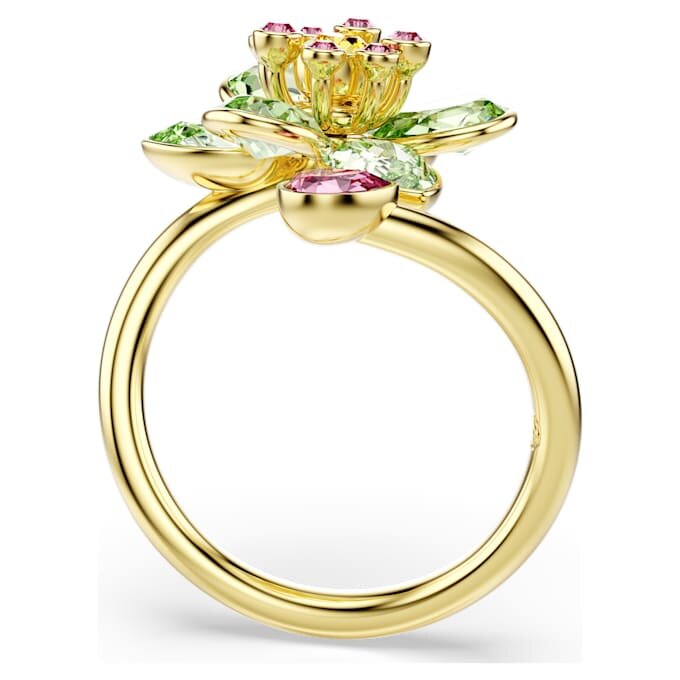 Anillo abierto Idyllia con cortes mixtos, flor, verde, chapado en tono dorado Anillo abierto Idyllia con cortes mixtos, flor, verde, chapado en tono dorado