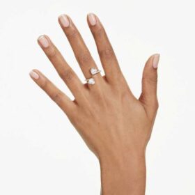 Anillo abierto Mesmera con corte de corazón, pavé, blanco, chapado en tono dorado