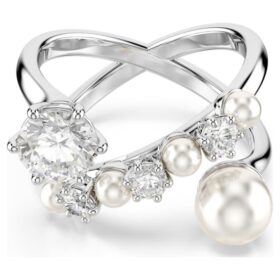 Anillo de cóctel Matrix con perla de cristal, corte redondo, blanco, chapado en rodio
