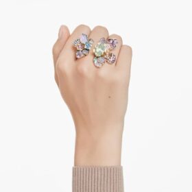 Anillo Idyllia con cortes mixtos, pavé, flor, multicolor, chapado en tono dorado