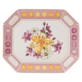 Bandeja Idyllia de porcelana, motivo de cristales, flores, grande, rosa