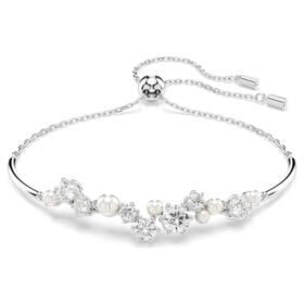 Brazalete Constella con perlas de cristal, cortes redondos, blanco, chapado en rodio