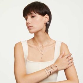 Brazalete Dextera con pavé, blanco, chapado en tono oro rosa
