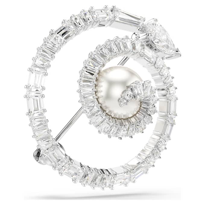 Broche de serpiente con perla de cristal, cortes mixtos, Año de la Serpiente, blanco, chapado en rodio Broche de serpiente con perla de cristal, cortes mixtos, Año de la Serpiente, blanco, chapado en rodio
