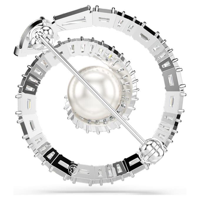 Broche de serpiente con perla de cristal, cortes mixtos, Año de la Serpiente, blanco, chapado en rodio Broche de serpiente con perla de cristal, cortes mixtos, Año de la Serpiente, blanco, chapado en rodio