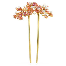 Broche para el cabello Gema con perla de cristal, cortes variados, flor, rosa, chapado en tono dorado