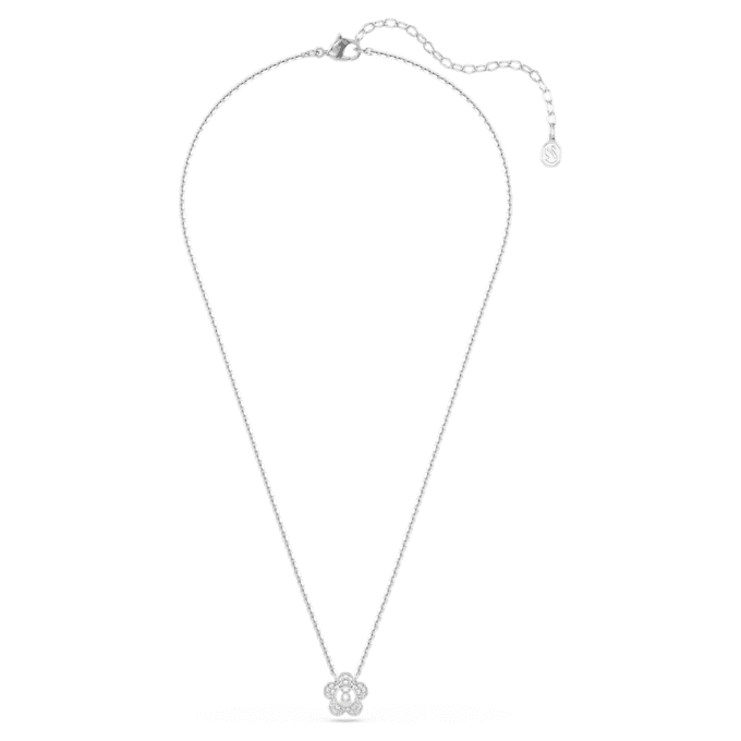 Colgante Ariana Grande x Swarovski con perla de cristal, corte redondo, flor, blanco, chapado en rodio Colgante Ariana Grande x Swarovski con perla de cristal, corte redondo, flor, blanco, chapado en rodio