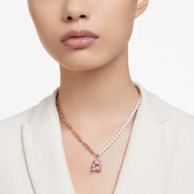 Colgante de osito con perlas de cristal, osito, rosa, chapado en tono oro rosa