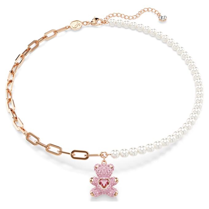 Colgante de osito con perlas de cristal, osito, rosa, chapado en tono oro rosa Colgante de osito con perlas de cristal, osito, rosa, chapado en tono oro rosa