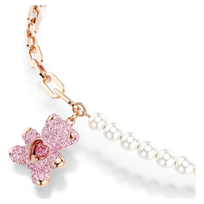 Colgante de osito con perlas de cristal, osito, rosa, chapado en tono oro rosa Colgante de osito con perlas de cristal, osito, rosa, chapado en tono oro rosa