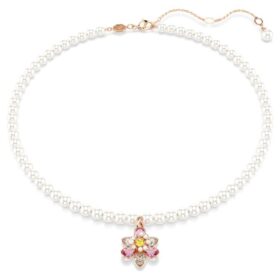 Colgante Idyllia con perla de cristal, cortes mixtos, flor, multicolor, chapado en tono oro rosa