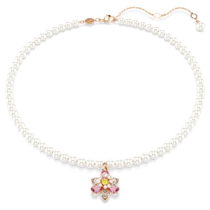 Colgante Idyllia con perla de cristal, cortes mixtos, flor, multicolor, chapado en tono oro rosa