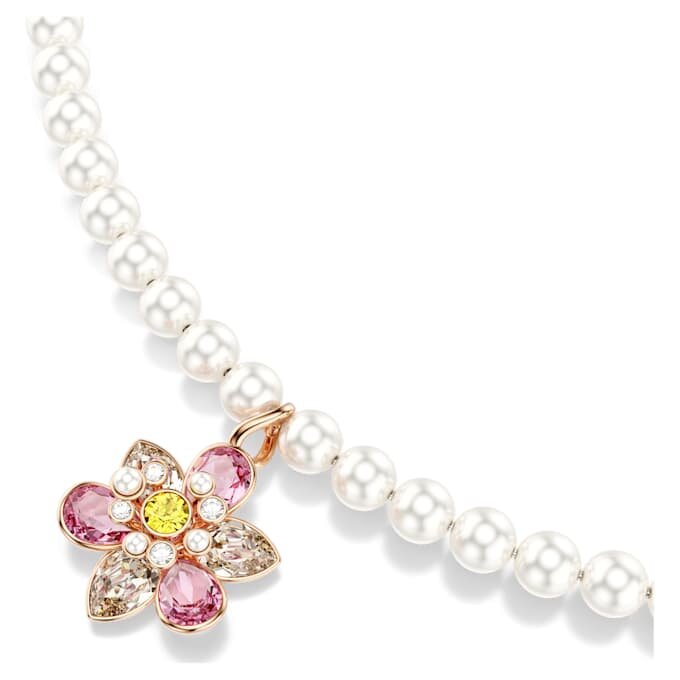 Colgante Idyllia con perla de cristal, cortes mixtos, flor, multicolor, chapado en tono oro rosa