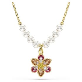 Colgante Idyllia con perlas de cristal, cortes mixtos, flor, multicolor, chapado en tono dorado