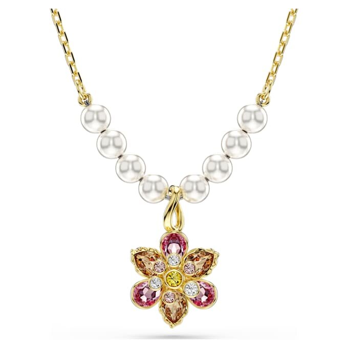 Colgante Idyllia con perlas de cristal, cortes mixtos, flor, multicolor, chapado en tono dorado