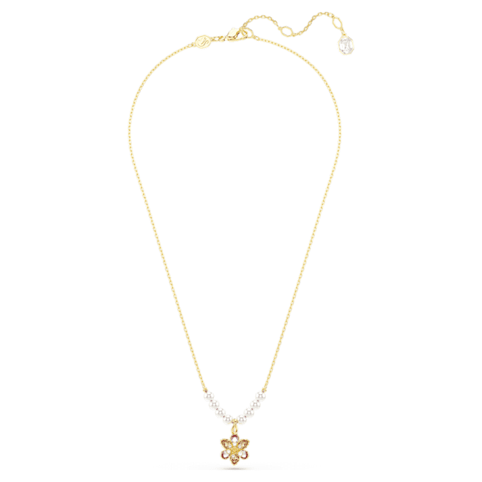 Colgante Idyllia con perlas de cristal, cortes mixtos, flor, multicolor, chapado en tono dorado