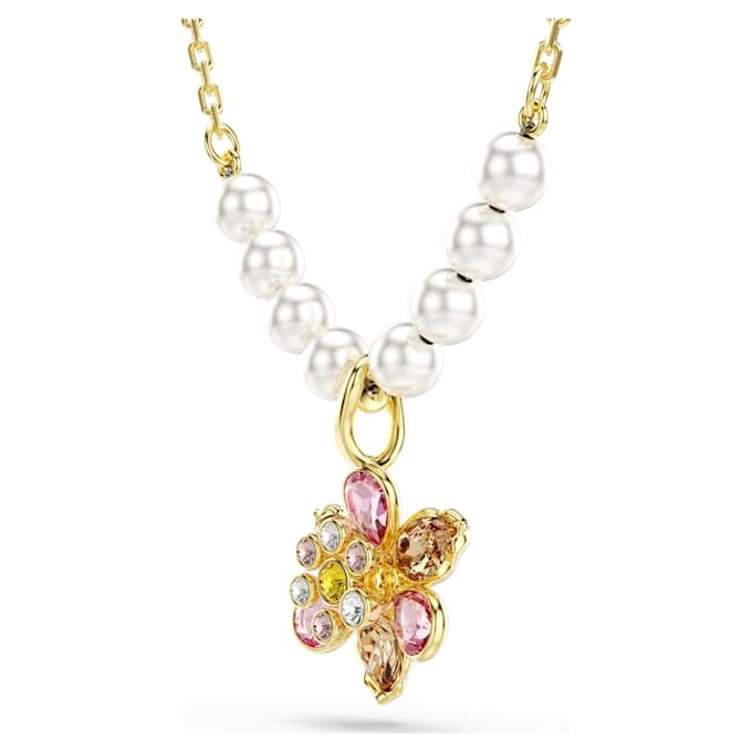 Colgante Idyllia con perlas de cristal, cortes mixtos, flor, multicolor, chapado en tono dorado