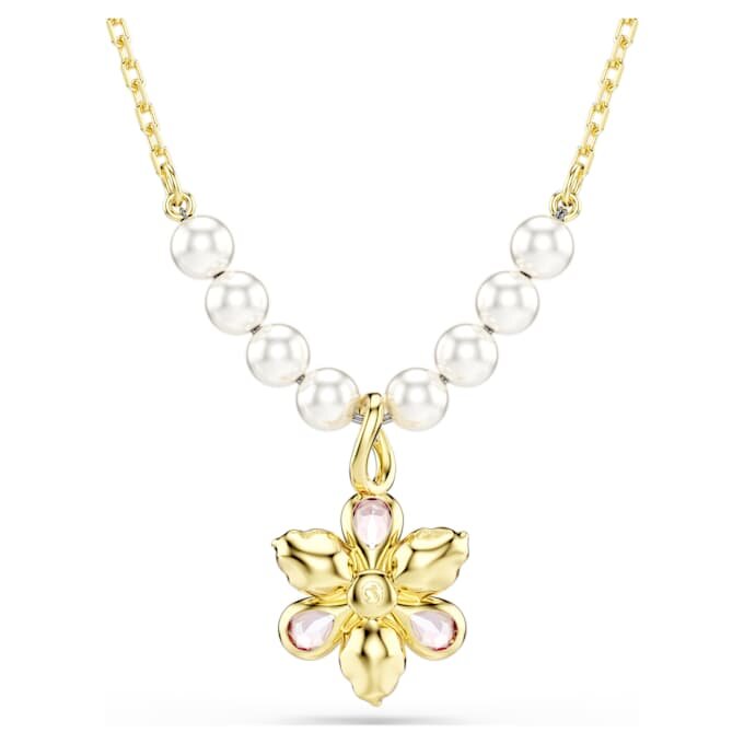 Colgante Idyllia con perlas de cristal, cortes mixtos, flor, multicolor, chapado en tono dorado
