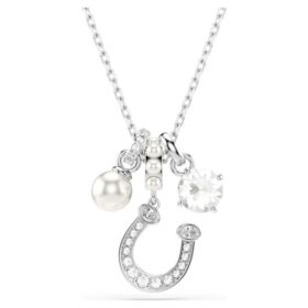 Colgante Symbolica con perla de cristal, corte redondo, pavé, herradura, blanco, chapado en rodio