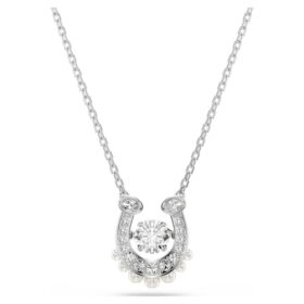 Colgante Symbolica con perla de cristal, corte redondo, pavé, herradura, blanco, chapado en rodio