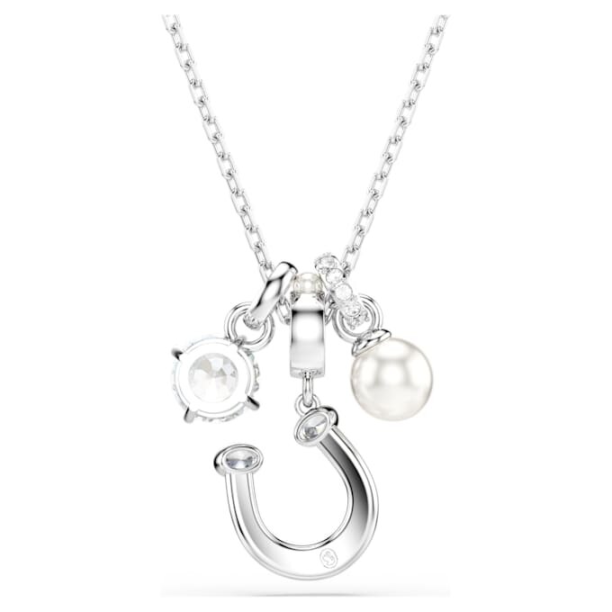 Colgante Symbolica con perla de cristal, corte redondo, pavé, herradura, blanco, chapado en rodio Colgante Symbolica con perla de cristal, corte redondo, pavé, herradura, blanco, chapado en rodio