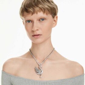 Colgante y broche de cisne, blanco, chapado en rutenio