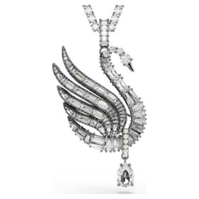 Colgante y broche de cisne, blanco, chapado en rutenio