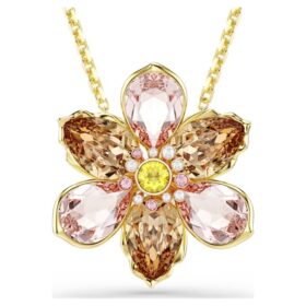 Colgante y broche Idyllia con cortes mixtos, flor, multicolor, chapado en tono dorado