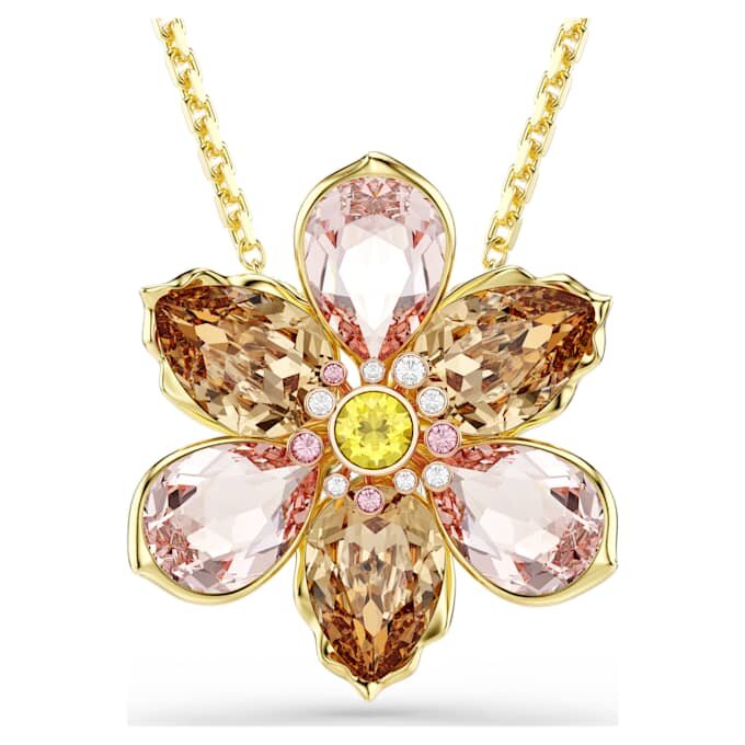 Colgante y broche Idyllia con cortes mixtos, flor, multicolor, chapado en tono dorado Colgante y broche Idyllia con cortes mixtos, flor, multicolor, chapado en tono dorado
