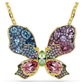 Colgante y broche Idyllia: cortes mixtos, pavé, mariposa, multicolor, chapado en tono dorado