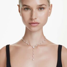 Collar Ariana Grande X Swarovski Y con cortes mixtos, perla de cristal, corazón, blanco, chapado en rodio