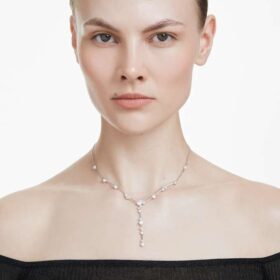 Collar Constella Y con perlas de cristal, cortes redondos, blanco, chapado en rodio