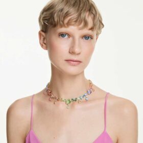 Collar Gema con cortes mixtos, cristales colgantes, multicolor, chapado en tono dorado