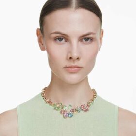 Collar Idyllia con cortes mixtos, flor, multicolor, chapado en tono dorado
