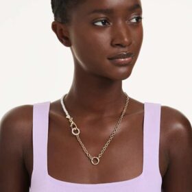 Collar Idyllia con perlas de cristal, blanco, chapado en tono dorado