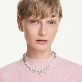 Collar Idyllia con perlas de cristal, cortes mixtos, blanco, chapado en rodio