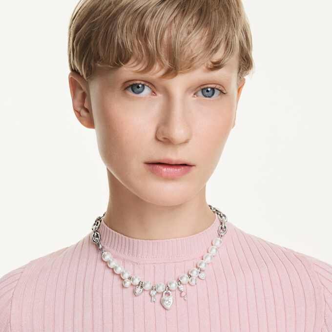 Collar Idyllia con perlas de cristal, cortes mixtos, blanco, chapado en rodio Collar Idyllia con perlas de cristal, cortes mixtos, blanco, chapado en rodio