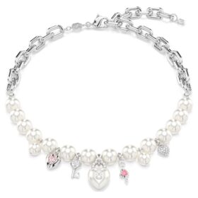Collar Idyllia con perlas de cristal, cortes mixtos, blanco, chapado en rodio