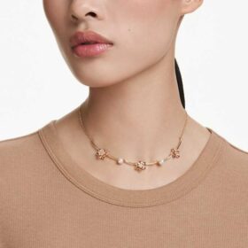 Collar Idyllia con perlas de cristal, cortes mixtos, forma de flor, multicolor, chapado en tono dorado