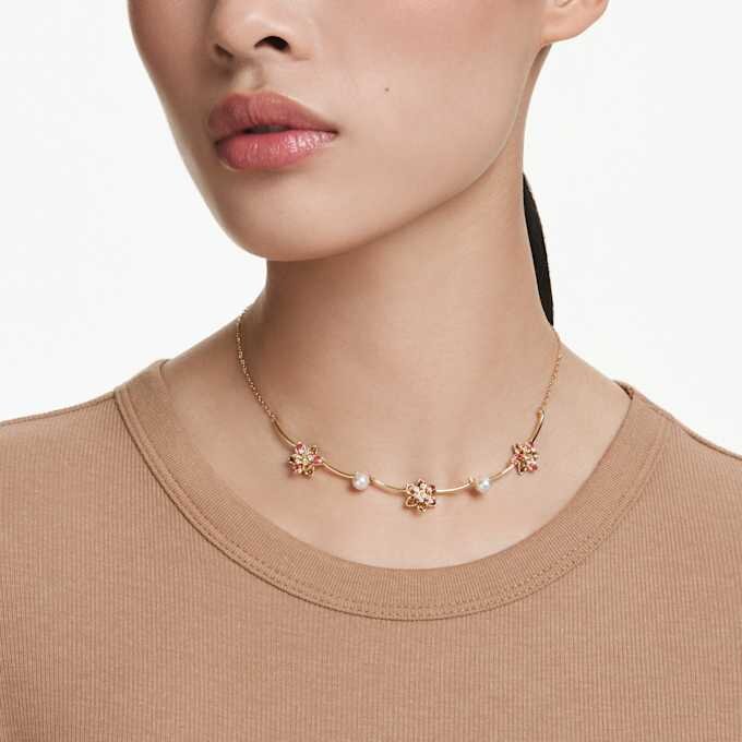 Collar Idyllia con perlas de cristal, cortes mixtos, forma de flor, multicolor, chapado en tono dorado Collar Idyllia con perlas de cristal, cortes mixtos, forma de flor, multicolor, chapado en tono dorado