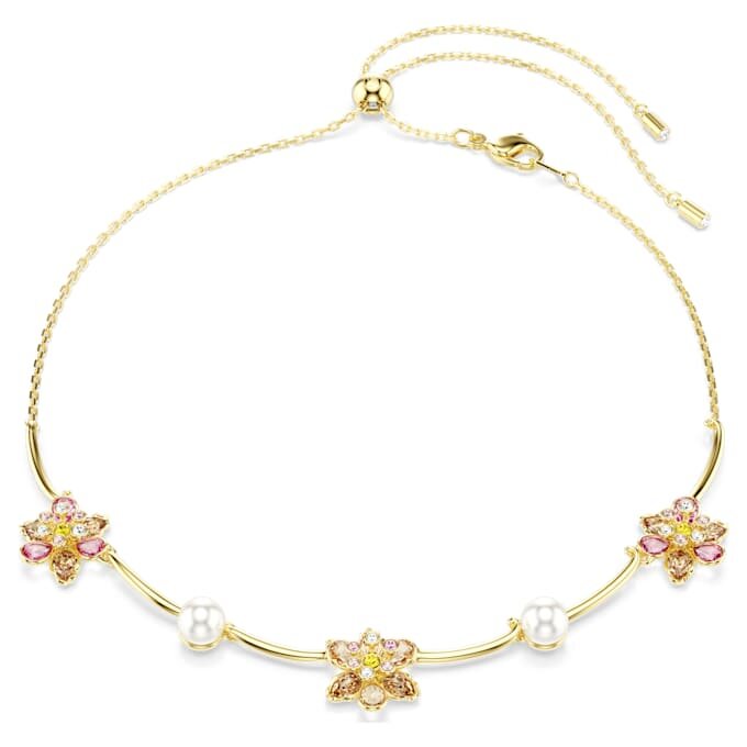 Collar Idyllia con perlas de cristal, cortes mixtos, forma de flor, multicolor, chapado en tono dorado Collar Idyllia con perlas de cristal, cortes mixtos, forma de flor, multicolor, chapado en tono dorado