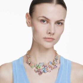 Collar Idyllia: cortes mixtos, pavé, flor, multicolor, chapado en tono dorado